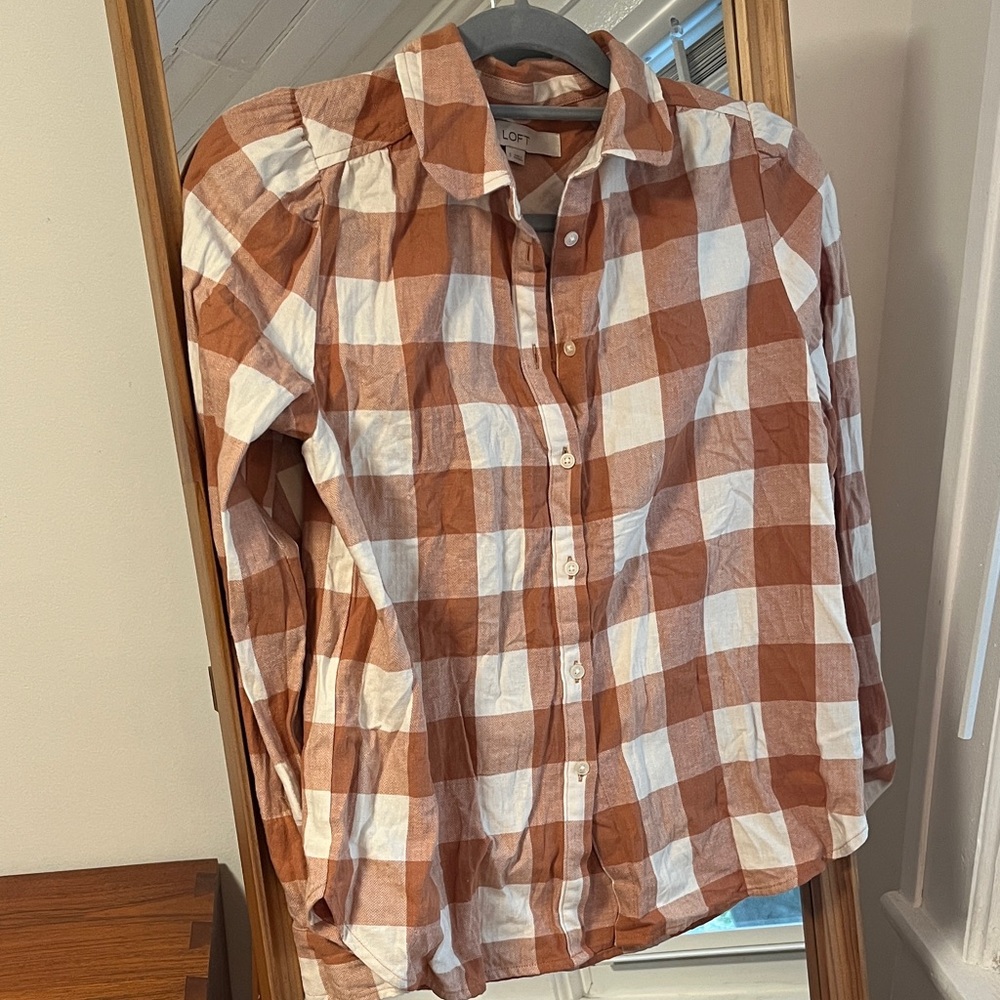LOFT Orange and White Plaid Blouse